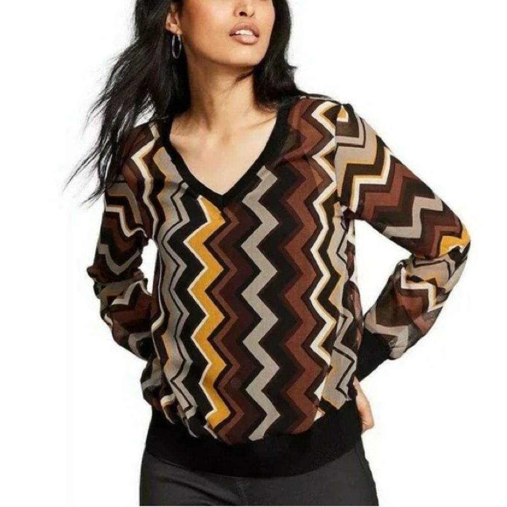MISSONI Target Long Sleeve Semi Sheer Top Blouse XS Layering Chevron Multicolor
